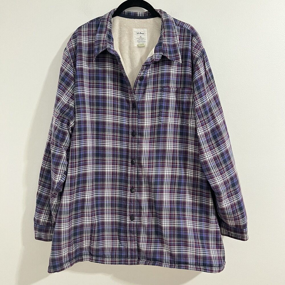 LL Bean Jacket Mens‎ Size 2X Fleece Lined Flannel Shirt Blue Shacket Outdoor